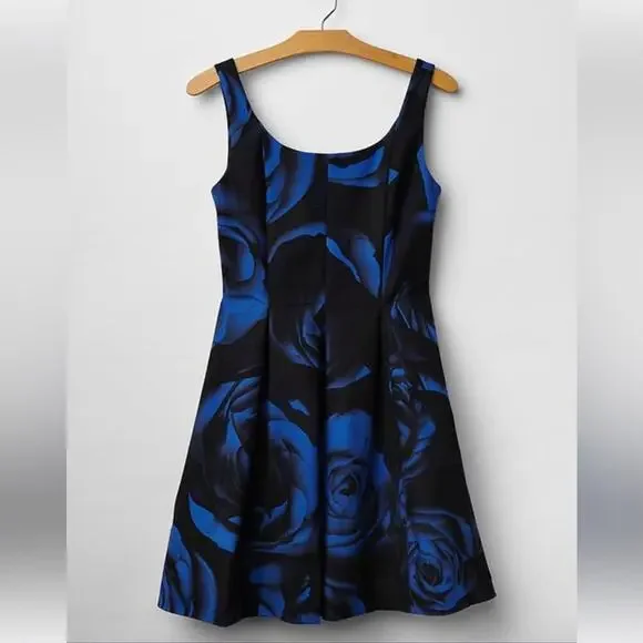 GAP Pleated Dress Fit N Flare Blue & Black ROSE print Dress Size 6. - Picture 3 of 7